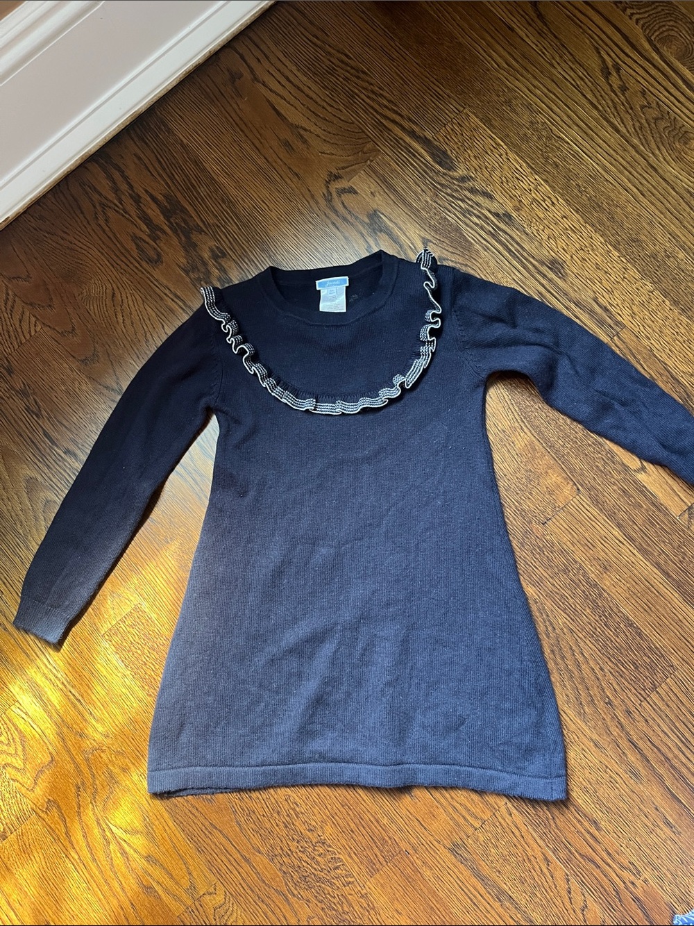 Jacadi Navy Knit Sweater Dress with Ruffle Trim